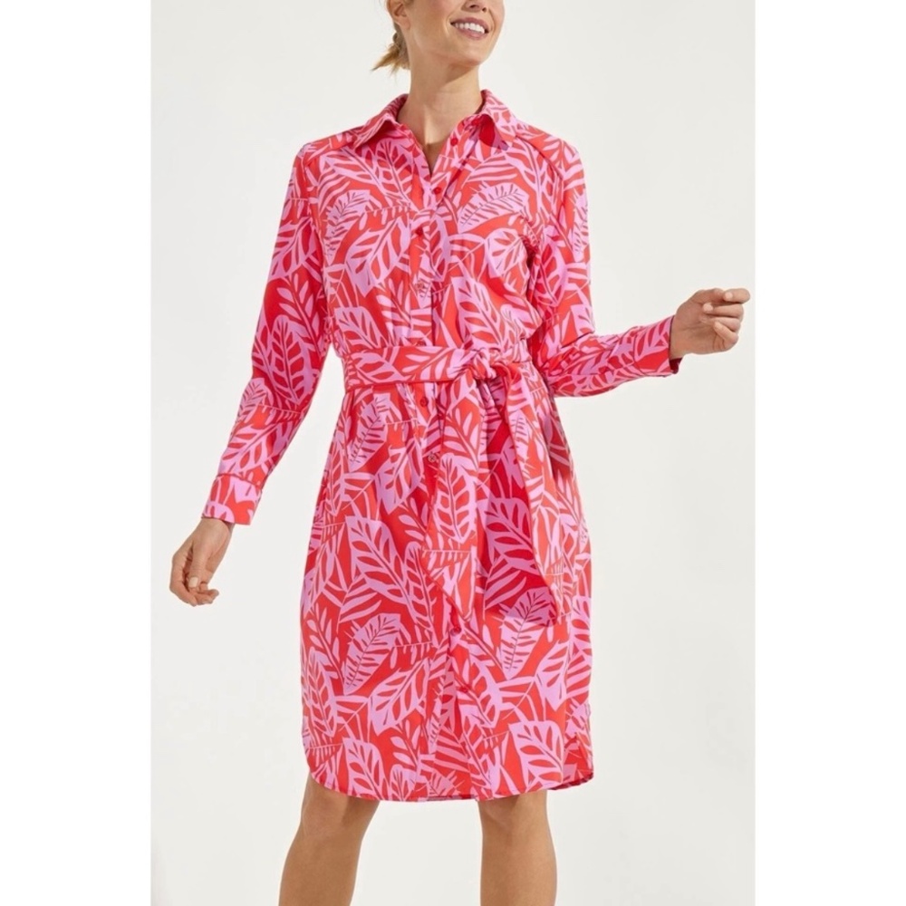 Coolibar Kitts Cover-up Shirt Dress UPF 50 in Pink/Red Leaves size S